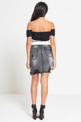 grey stone wash distressed stretch denim skirt 