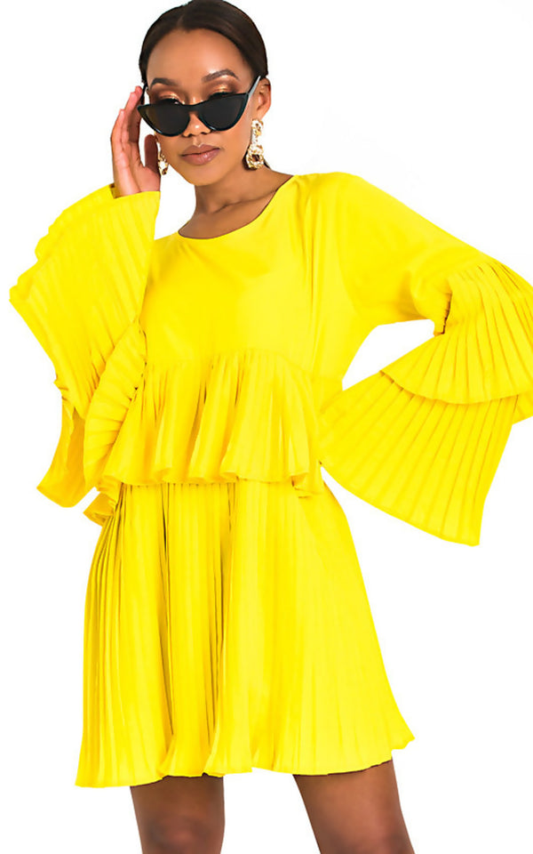Yellow Pleated Ruffle Mini Dress