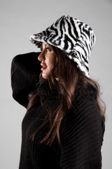 Black Zebra Print Faux Fur Bucket Hat